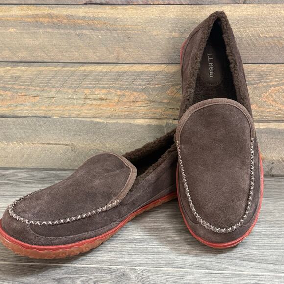 LL Bean Mountain Slippers Size 11 Suede Slip On Fleece Lined Cozy Brown